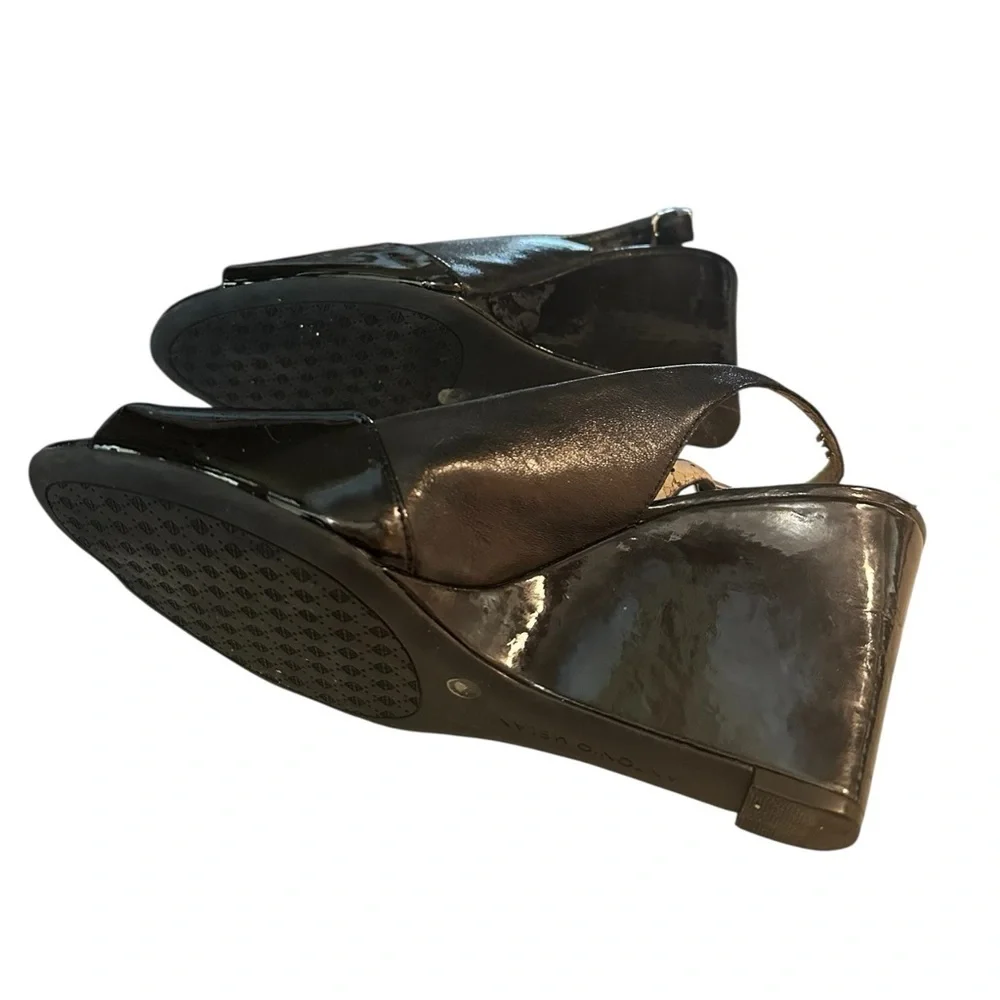 Antonio Melani Black Patent Leather Slingback Wedge Heels Size 9 Peep Toe